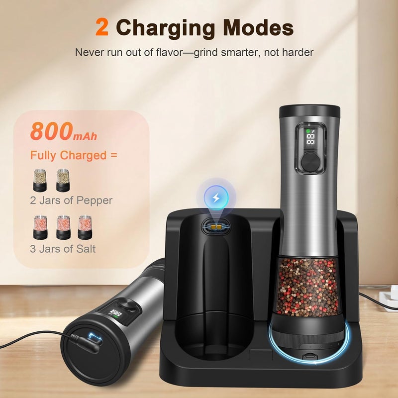 Flelano Electric Salt and Pepper Grinder Set, 2-Speed Setting, Stainless Steel Rechargeable Automatic Pepper Mill Shakers with USB Charging Base,100ml Large Capacity, External Adjustable Coarseness,LED Light - Image 5